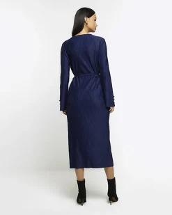 River Island Navy plisse belted bodycon mini dress< Dresses