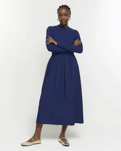 River Island Navy rib long sleeve smock midi dress< Dresses