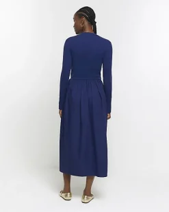 River Island Navy rib long sleeve smock midi dress< Dresses
