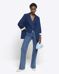 River Island Navy rolled sleeve relaxed blazer< Suits & Tailoring
