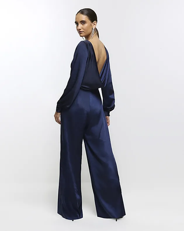 River Island Navy satin open back jumpsuit< Jumpsuits & Playsuits