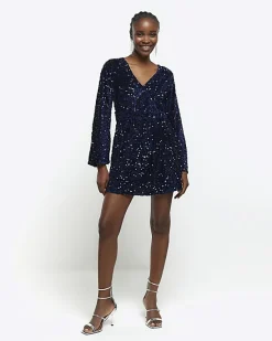 River Island Navy sequin tie waist shift mini dress< Dresses