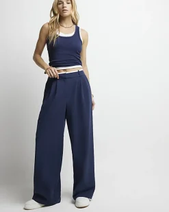 River Island Navy side stripe wide leg trousers< Trousers