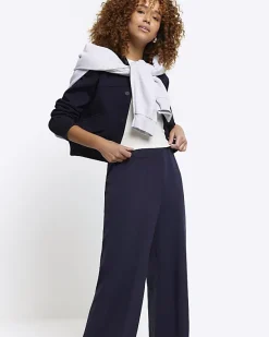 River Island Navy Stitched Wide Leg Trousers< Trousers