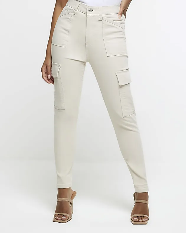 River Island Petite beige high waisted skinny cargo jeans< Petite