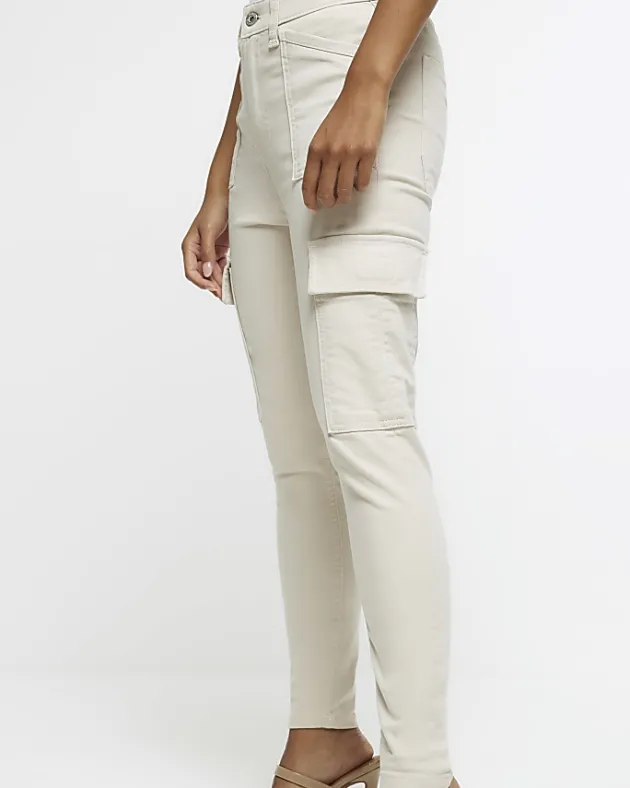 River Island Petite beige high waisted skinny cargo jeans< Petite