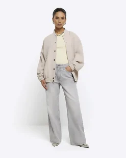 River Island Petite beige oversized bomber jacket< Petite