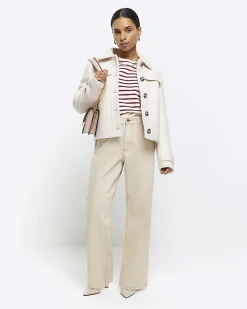 River Island Petite ecru high waisted straight jeans< Petite