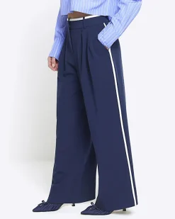 River Island Petite navy side stripe wide leg trousers< Petite