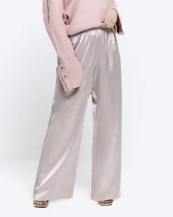 River Island Petite silver satin wide leg trousers< Petite