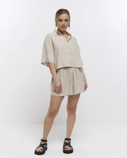 River Island Petite stone crop shirt with linen< Petite