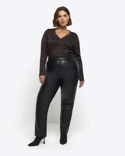 River Island Plus bronze rib glitter long sleeve top< Plus