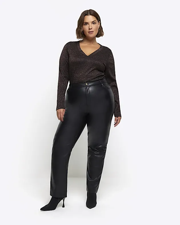 River Island Plus bronze rib glitter long sleeve top< Plus