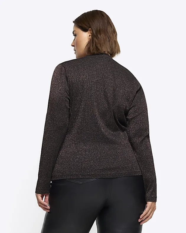 River Island Plus bronze rib glitter long sleeve top< Plus