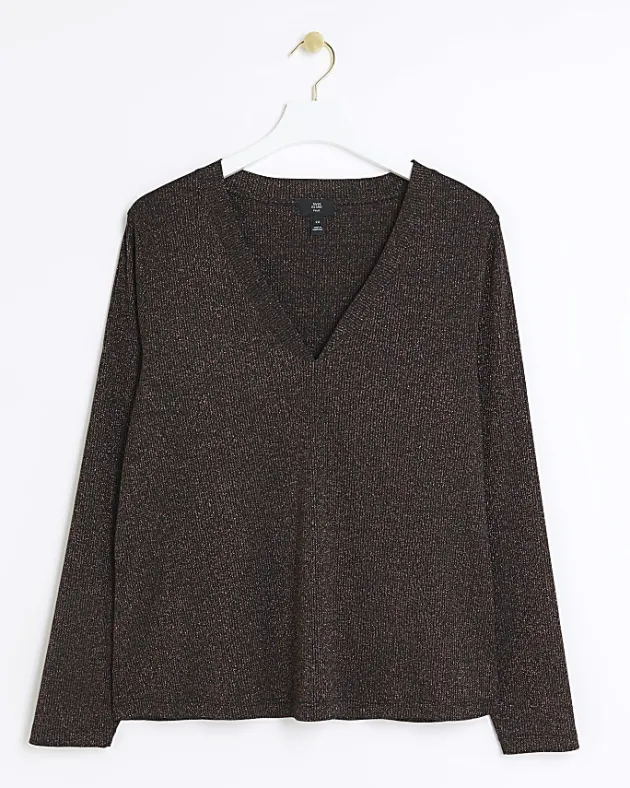 River Island Plus bronze rib glitter long sleeve top< Plus