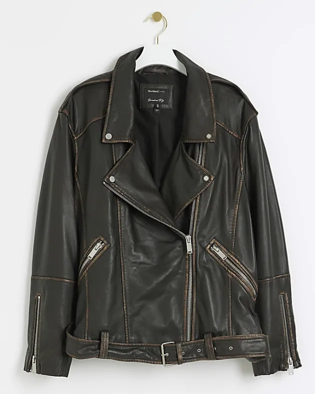 River Island Plus leather oversized biker jacket< Plus