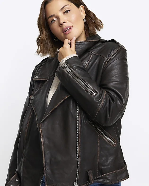 River Island Plus leather oversized biker jacket< Plus