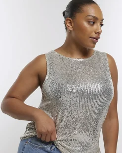 River Island Plus silver sequin tank top< Plus