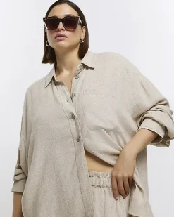 River Island Plus stone oversized shirt with linen< Plus
