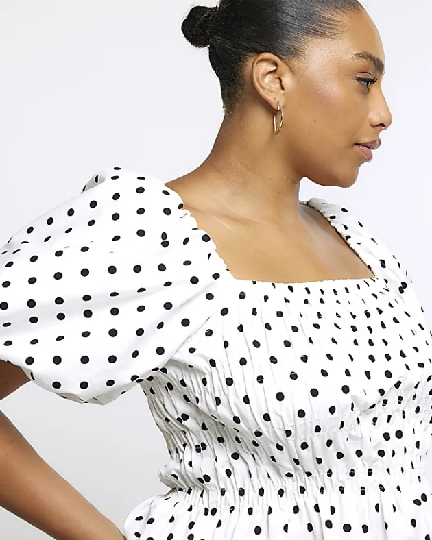 River Island Plus Polka Dot Shirred Bardot Top< Plus