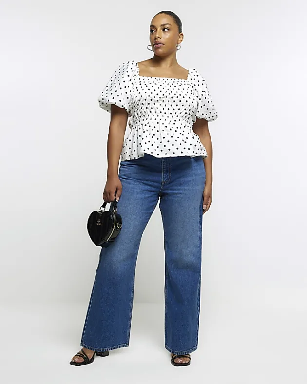 River Island Plus Polka Dot Shirred Bardot Top< Plus