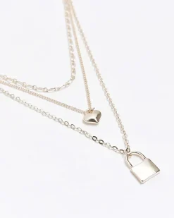 River Island Rose gold heart and lock multirow necklace< Jewellery