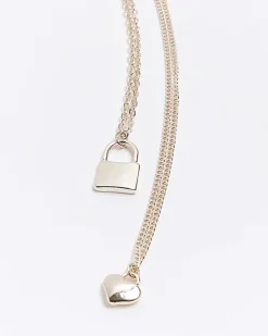 River Island Rose gold heart and lock multirow necklace< Jewellery