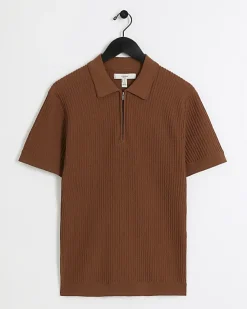 River Island Rust muscle fit knitted half zip polo< Polo Shirts