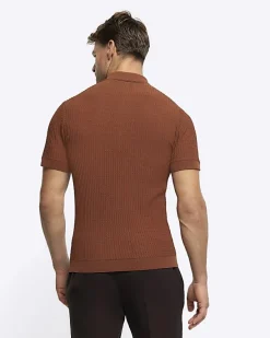 River Island Rust muscle fit knitted half zip polo< Polo Shirts