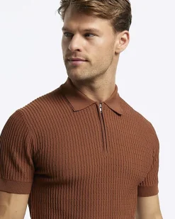 River Island Rust muscle fit knitted half zip polo< Polo Shirts