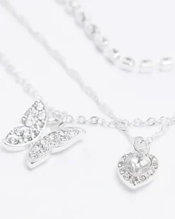 River Island Silver butterfly heart layered necklace< Jewellery