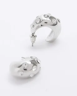 River Island Silver chunky diamante mini hoop earrings< Jewellery