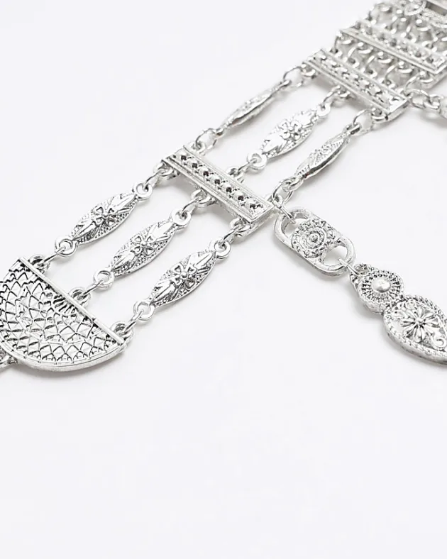 River Island Silver Diamante Drop Choker Necklace< Jewellery