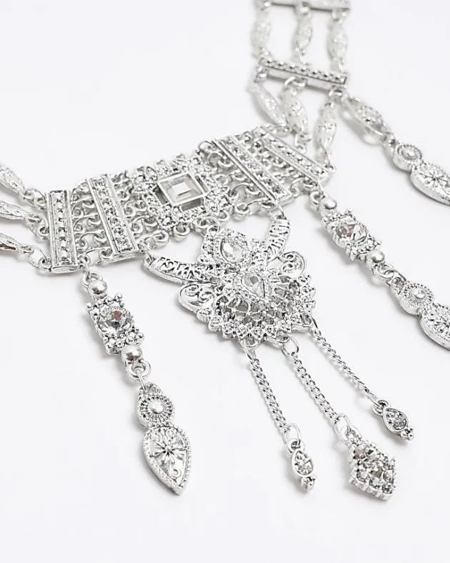 River Island Silver Diamante Drop Choker Necklace< Jewellery