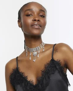 River Island Silver Diamante Drop Choker Necklace< Jewellery