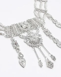 River Island Silver Diamante Drop Choker Necklace< Jewellery