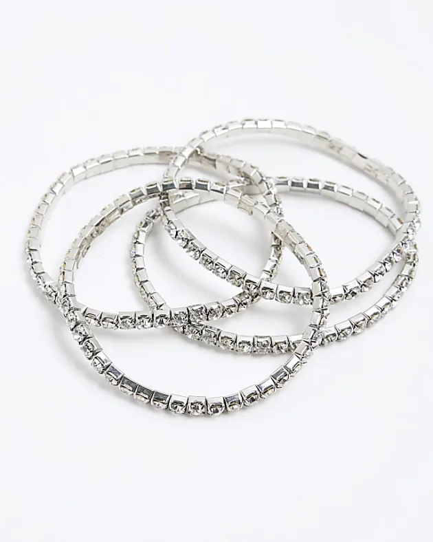 River Island Silver diamante stretch Bracelet Pack< Jewellery