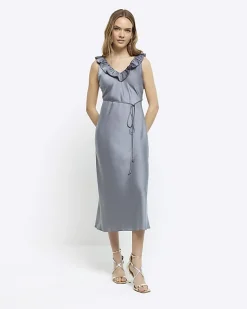 River Island Silver satin frill trim slip midi dress< Dresses