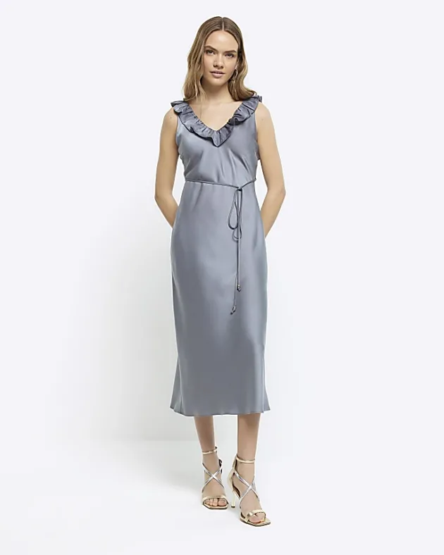 River Island Silver satin frill trim slip midi dress< Dresses
