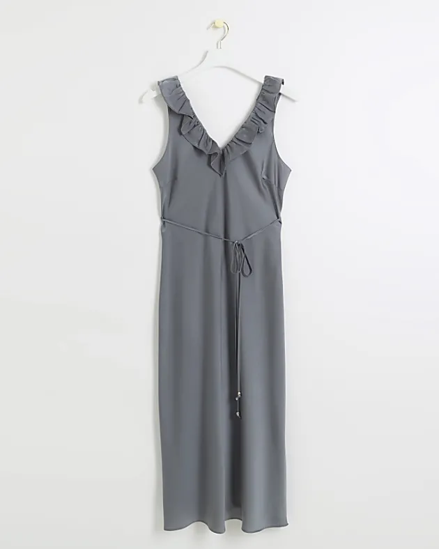 River Island Silver satin frill trim slip midi dress< Dresses