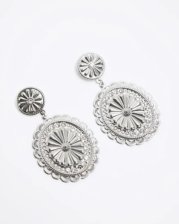 River Island Silver Textured Disc Drop Earrings< Jewellery