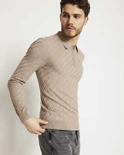 River Island muscle fit zig zag knit polo< Polo Shirts