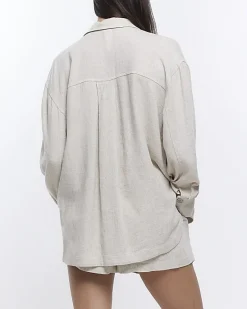 River Island Stone oversized shirt with linen< Co-ord Sets