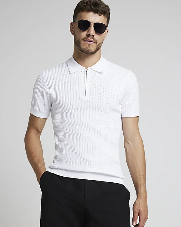 River Island muscle fit knitted half zip polo< Polo Shirts