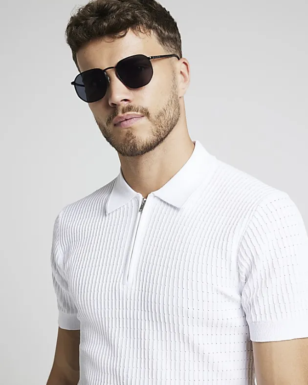 River Island muscle fit knitted half zip polo< Polo Shirts