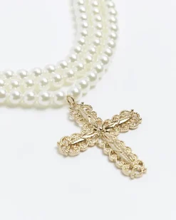 River Island pearl cross multirow necklace< Jewellery
